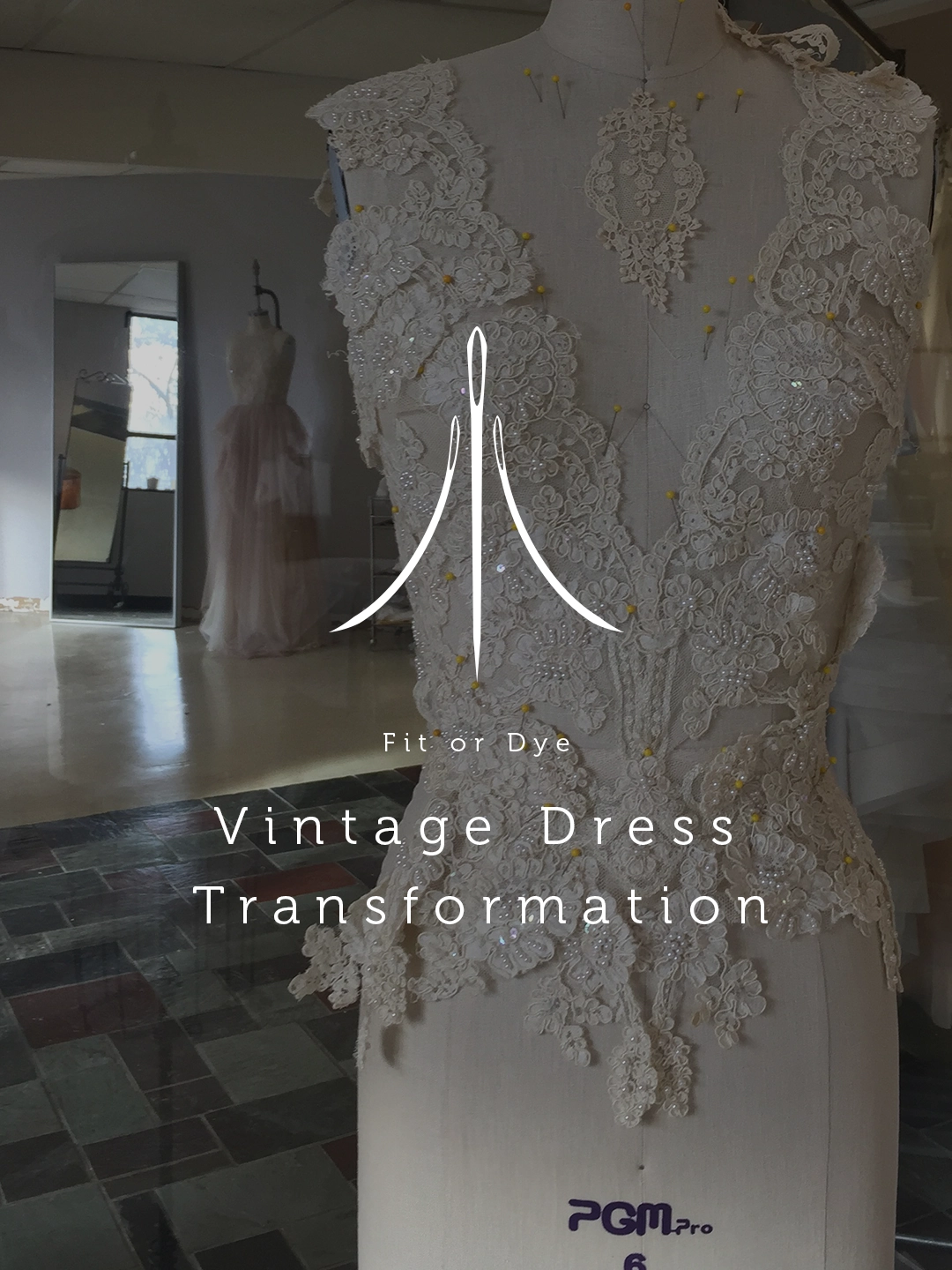 Ornate vintage wedding dress lace top on a form. Logo and overlay title Vintage Dress Transformation