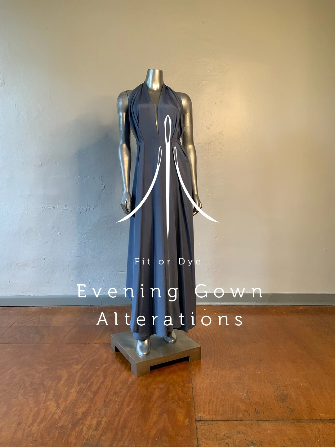Evening gown on a form. Logo and overlay title Evening Gown Alterations.
