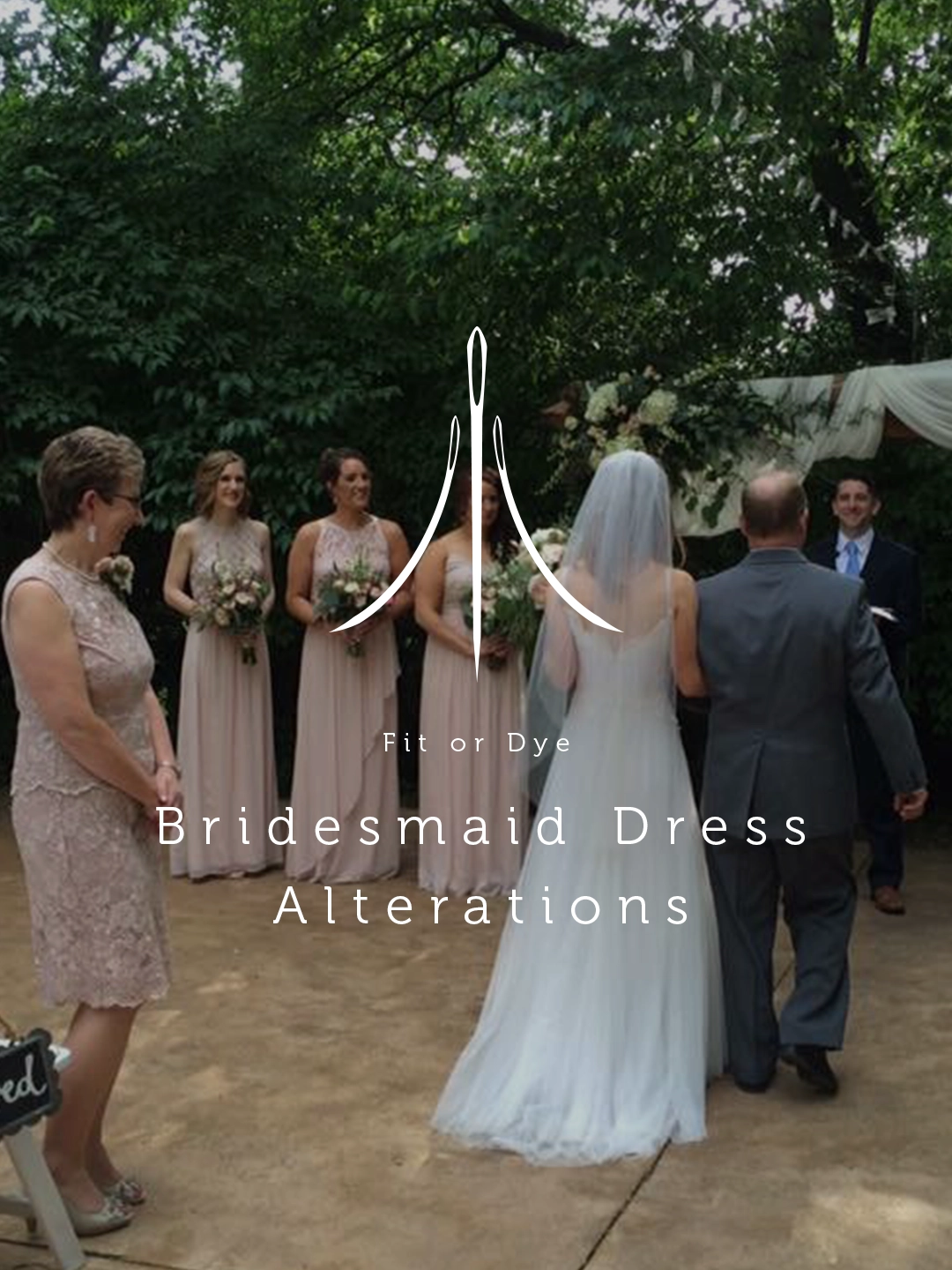Scene of an outdoor wedding with back view of bride standing with her father facing the groom. Mother of the bride and bridesmaids looking at both.