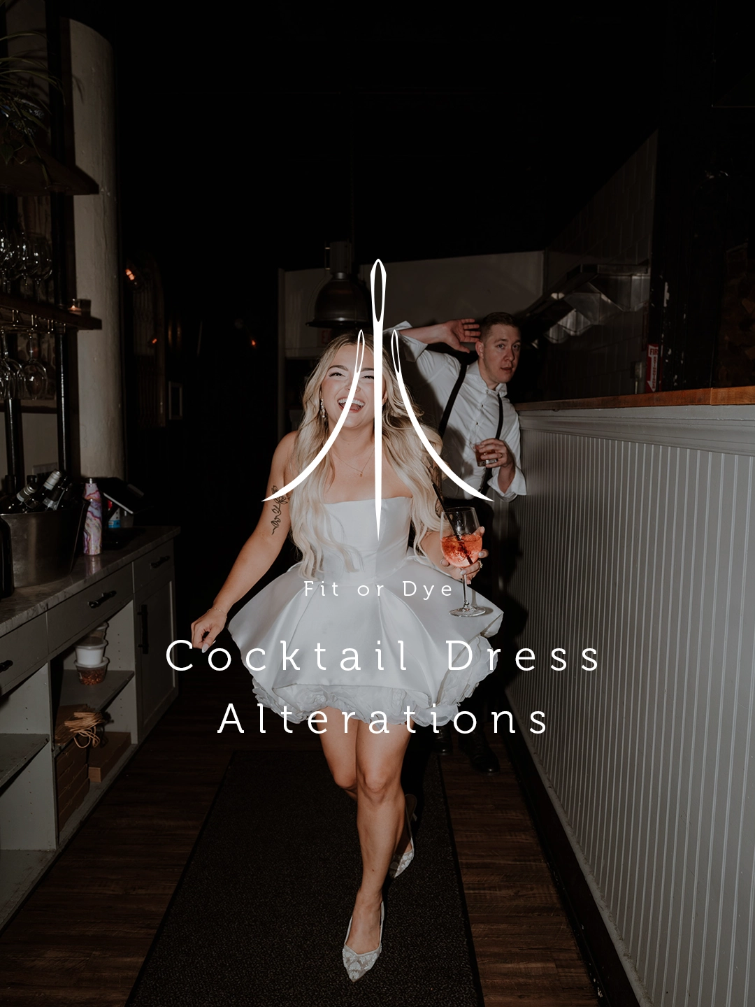 Bride in her cocktail dress at her wedding reception. Groom dancing in the background. Logo and overlay title Cocktail Dress Alterations 