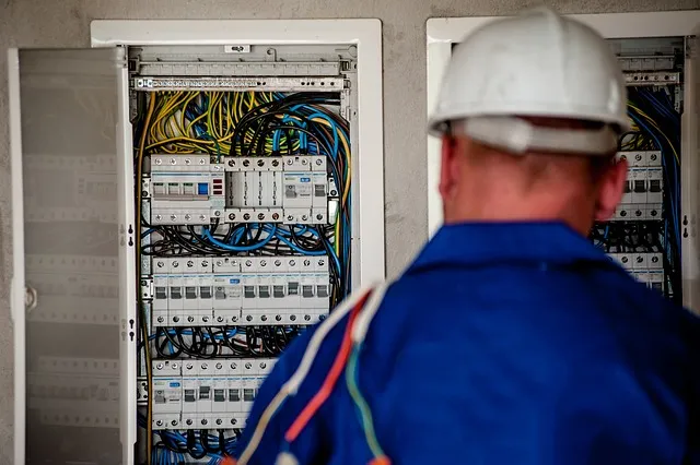 An electrician standing in front of a wall with lots of wires.