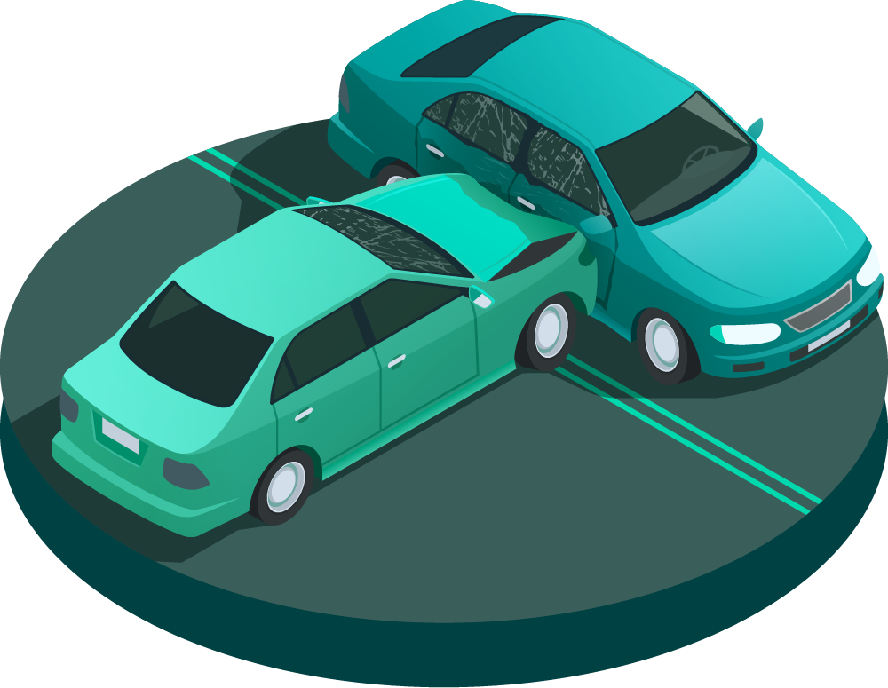 Illustration of a teal car rear-ending another teal car at a slight angle, both on a dark circular road with green lane markings.