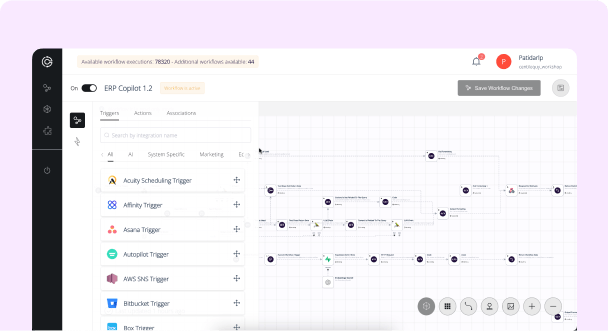 User interface of ERP Copilot 1.2 showing workflow triggers and a flowchart on the right side.