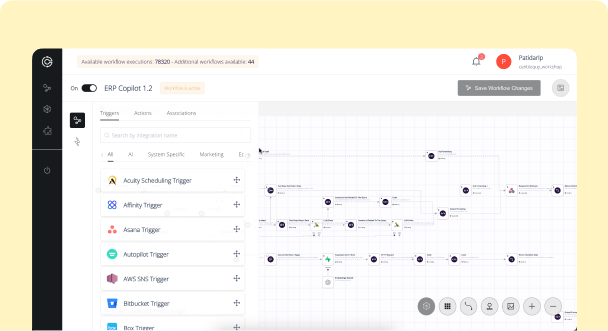Software interface displaying workflow automation setup with trigger options and flowchart connections.