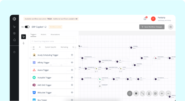 User interface showing workflow automation with triggers like Asana, AWS SNS, and Bitbucket in ERP Copilot 1.2.