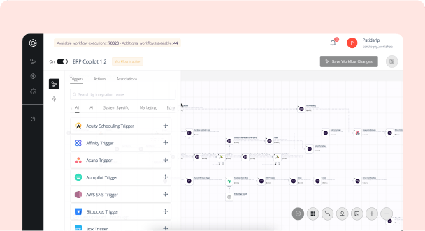 Software interface showing ERP Copilot 1.2 workflow with various triggers and a connected process map.