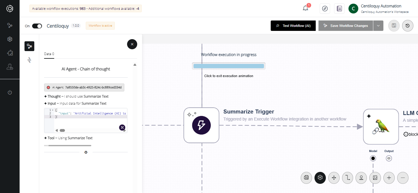 User interface showing ERP Copilot 1.2 workflow editor with various triggers and a node network map.