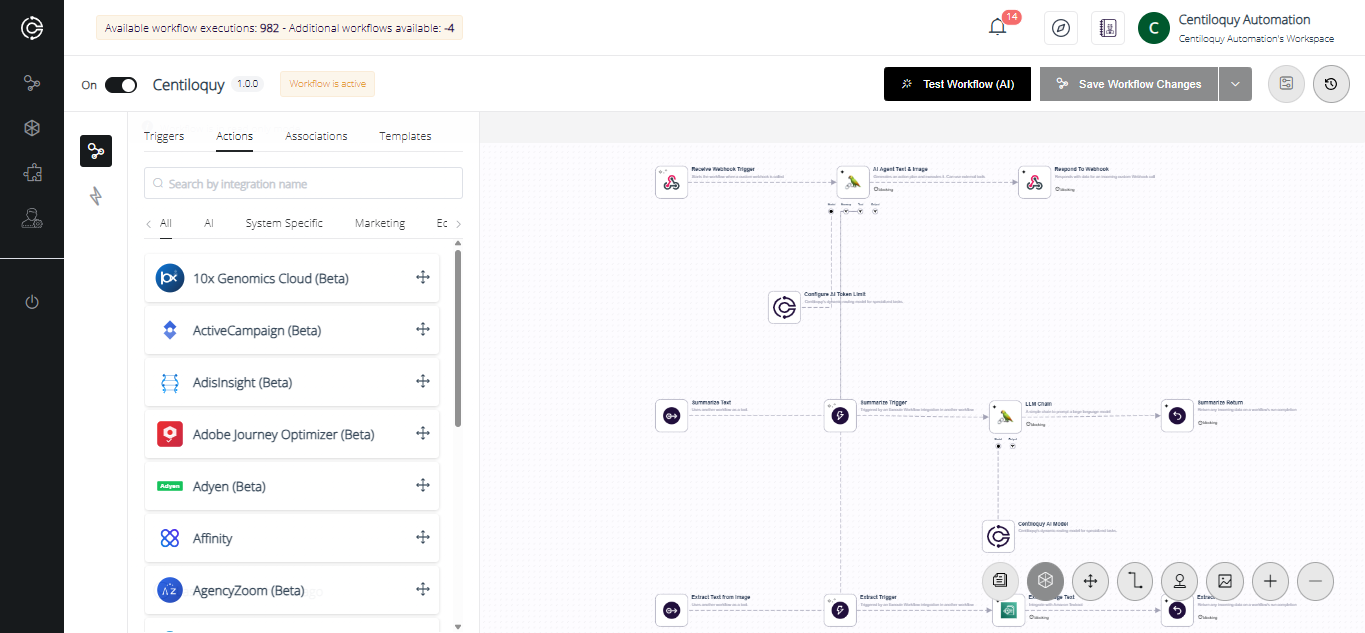 User interface showing workflow automation with triggers like Asana, AWS SNS, and Bitbucket in ERP Copilot 1.2.