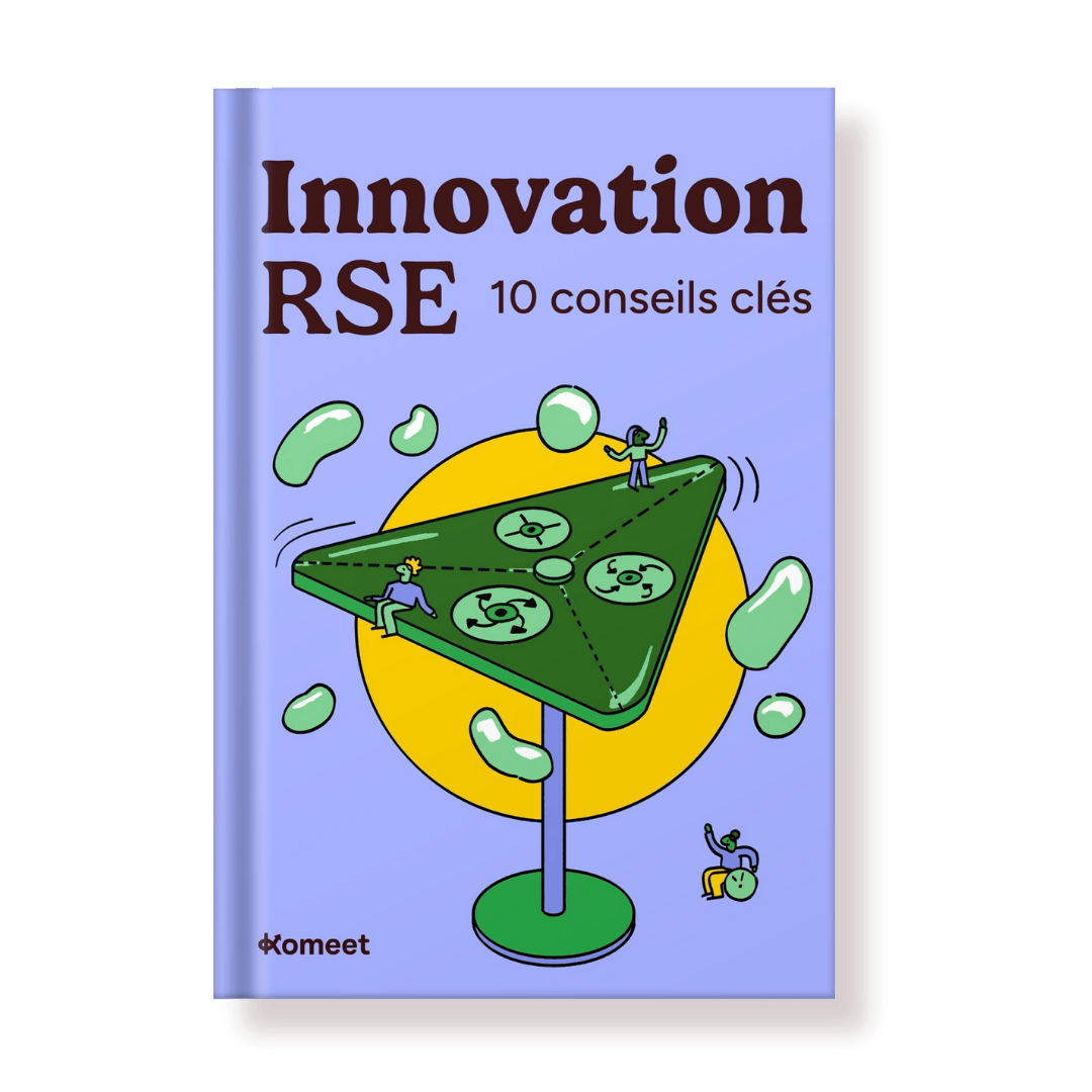 Mockup du guide Innovation RSE : 10 conseils pour réussir votre année, le guide de référence avec 750 experts et responsables RSE qui partagent leurs meilleures pratiques.