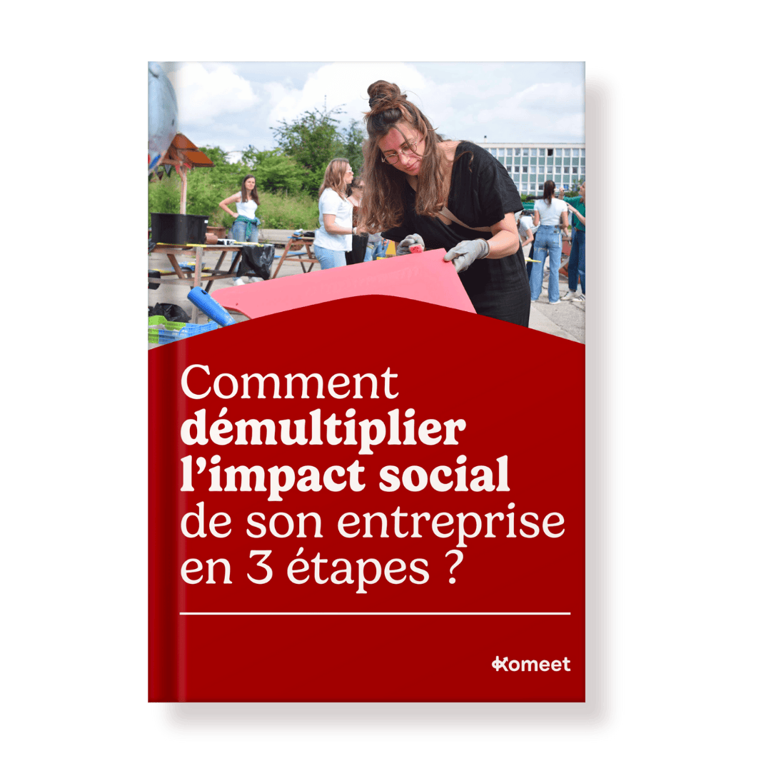 Mockup du livre blanc Comment démultiplier l’impact social de son entreprise en 3 étapes ?”, le livre blanc pour structurer, raconter et maximiser l’engagement sociétal de votre entreprise.