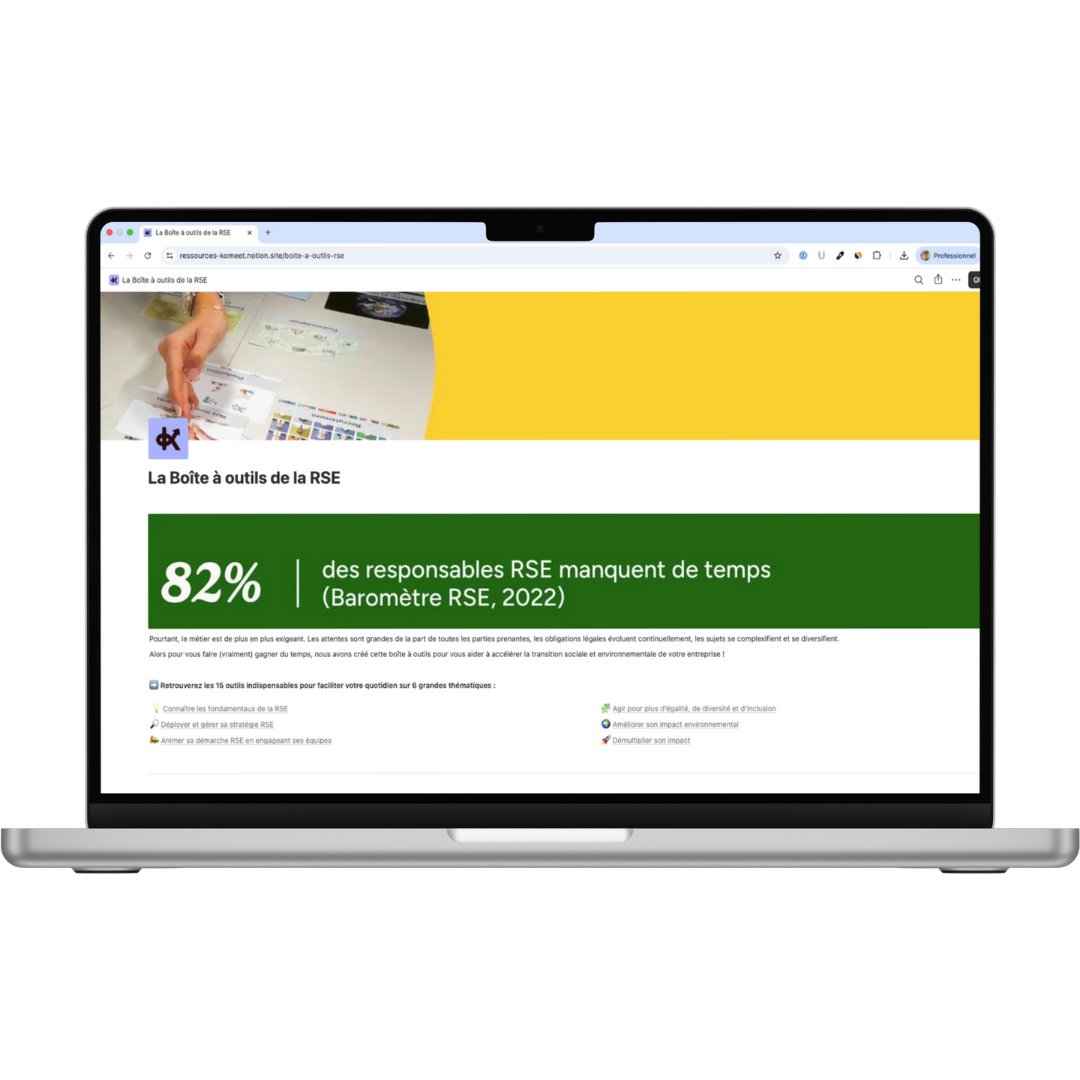 Mockup de la Boîte à outils de la RSE avec 15 outils clés pour déployer votre stratégie RSE et accélérer la transition sociale et environnementale de votre entreprise