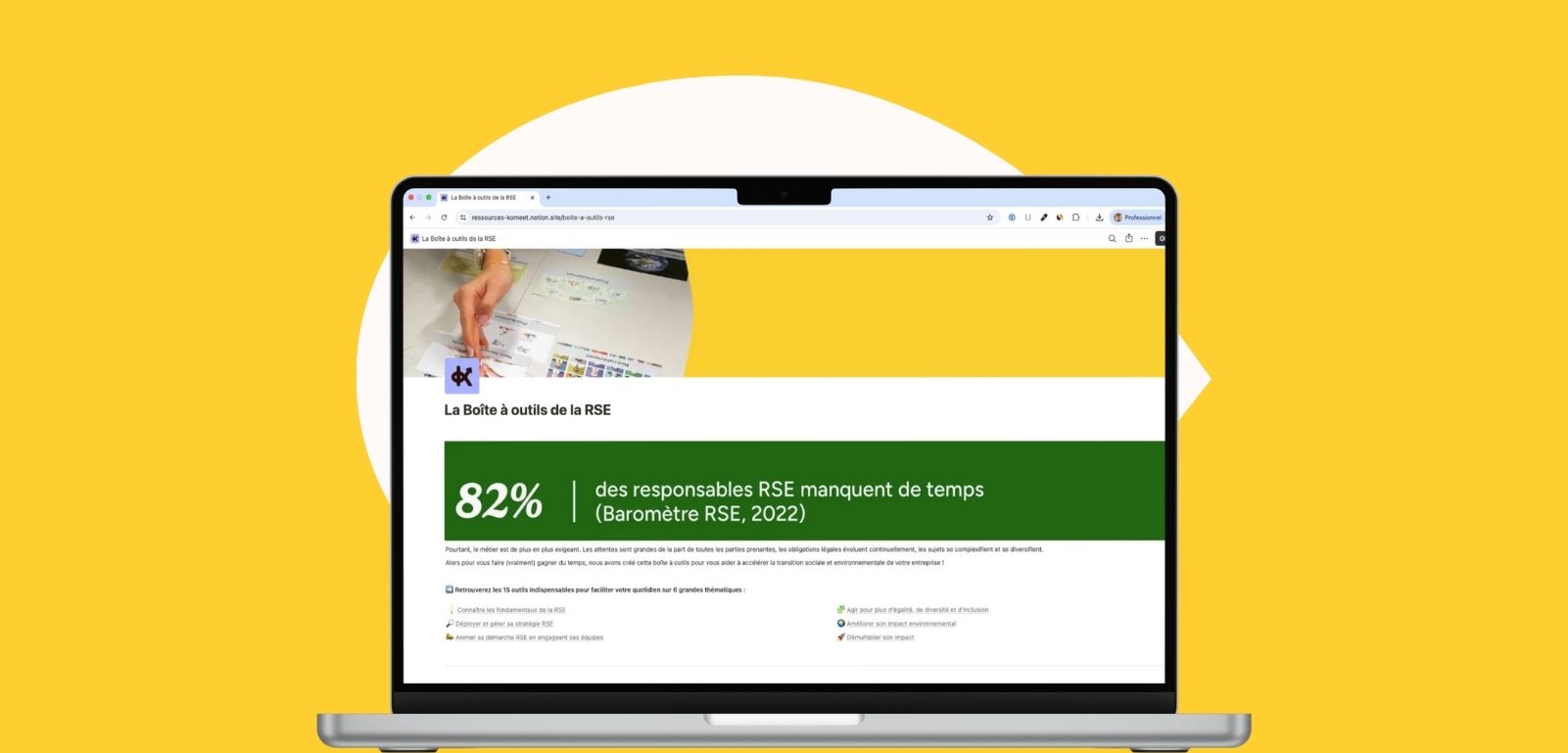 Mockup de la Boîte à outils de la RSE avec 15 outils clés pour déployer votre stratégie RSE et accélérer la transition sociale et environnementale de votre entreprise
