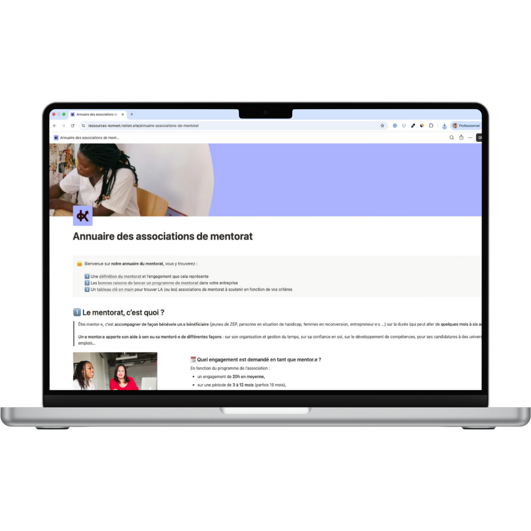 Mockup de l'Annuaire des associations de mentorat avec un aperçu des filtres de recherche et des organisations partenaires.