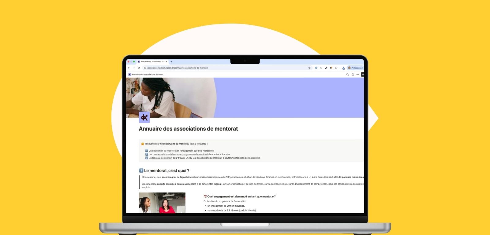 Mockup de l'Annuaire des associations de mentorat avec un aperçu des filtres de recherche et des organisations partenaires.
