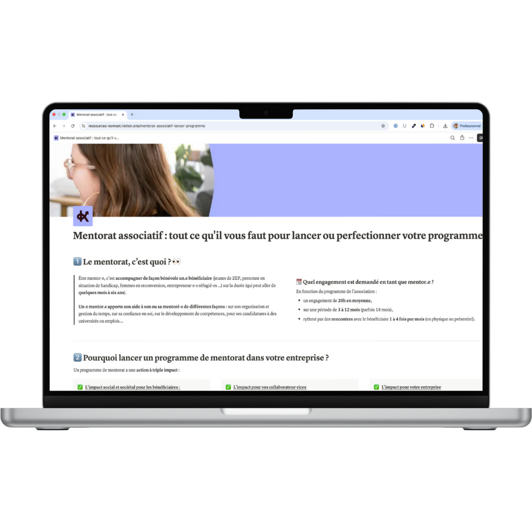 Mockup du Guide Mentorat Associatif, avec conseils et étapes pour structurer un programme d’impact.