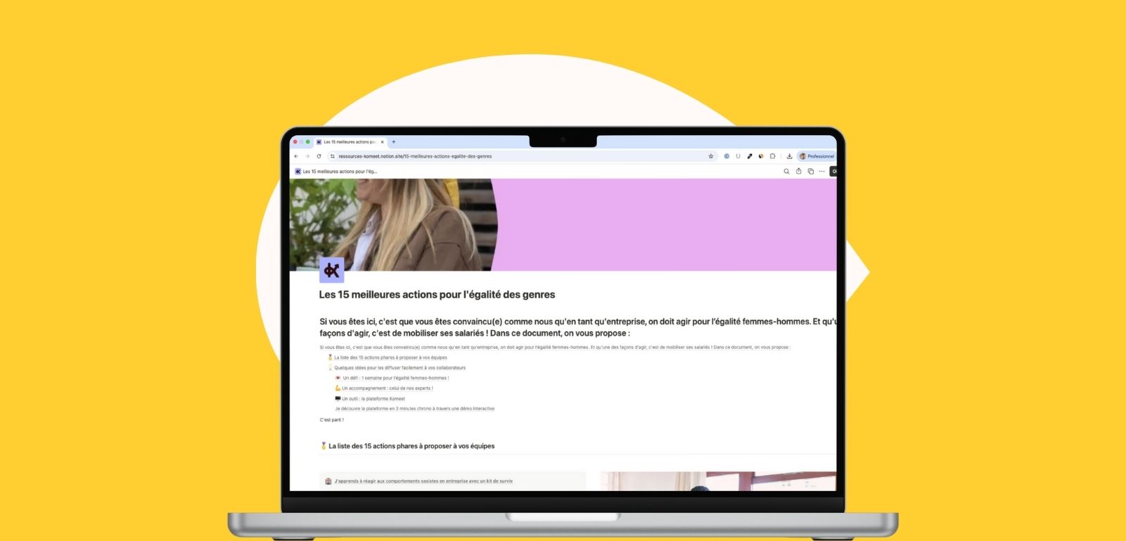 Mockup du Guide proposant 15 actions pour promouvoir l'égalité des genres en entreprise, avec des conseils pratiques pour engager les collaborateurs.