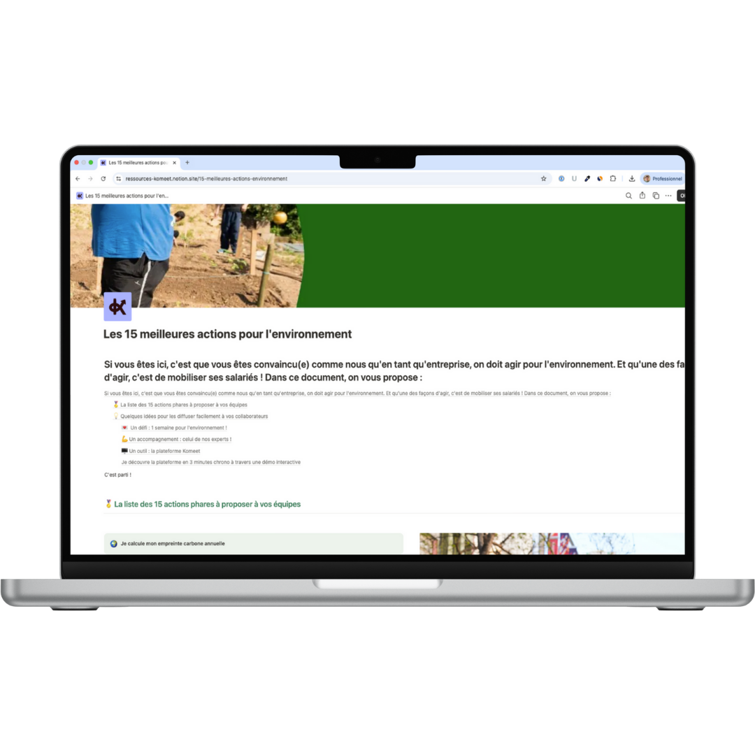 Mockup du Guide proposant 15 actions pour mobiliser son entreprise pour l'environnement, avec des conseils pratiques pour engager les collaborateurs.