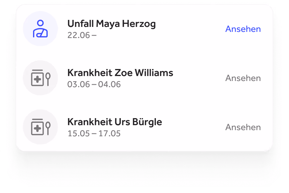 quitt Business Oberfläche zur Meldung von Unfall oder Krankheit eines Mitarbeitenden