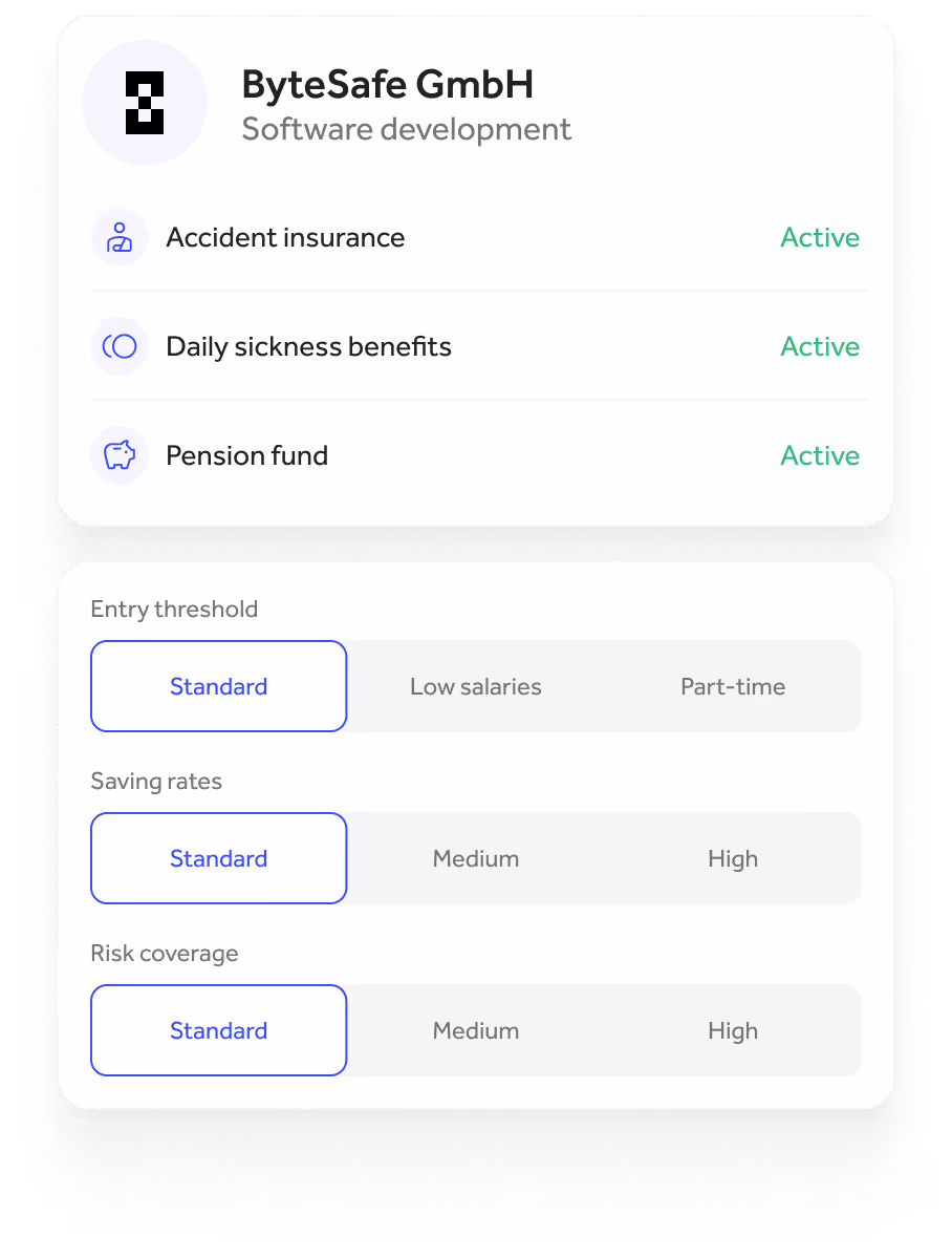 Quitt Business interface for selecting occupational benefits (pension fund)
