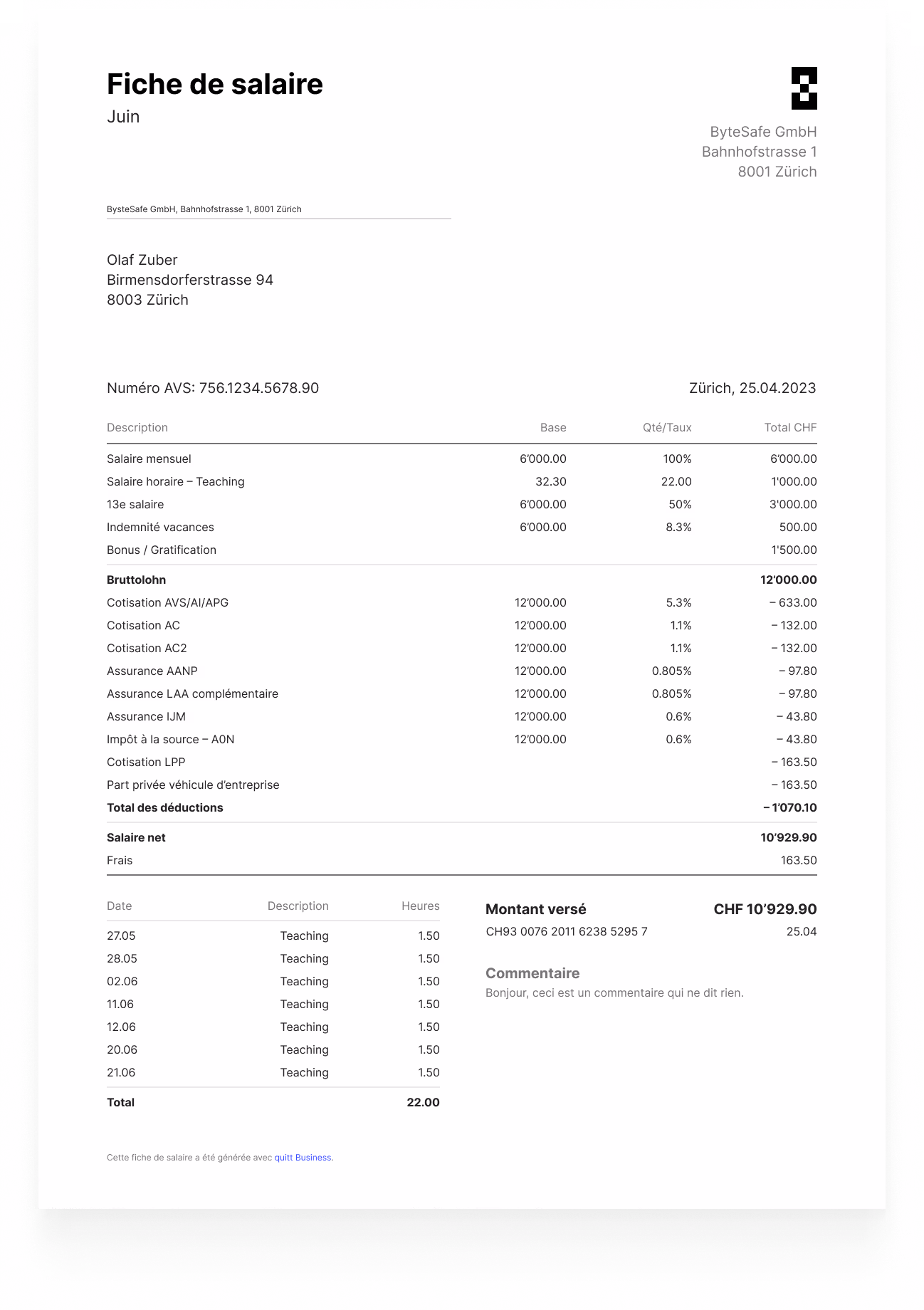 Fiche de salaire en français