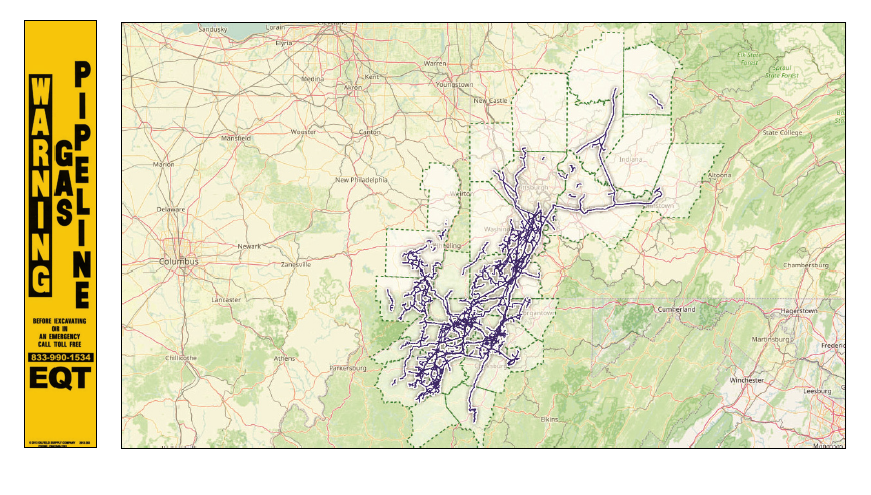 Map showing EQT gas pipeline network in parts of Ohio, West Virginia, and Pennsylvania with a vertical yellow warning label on the left side.
