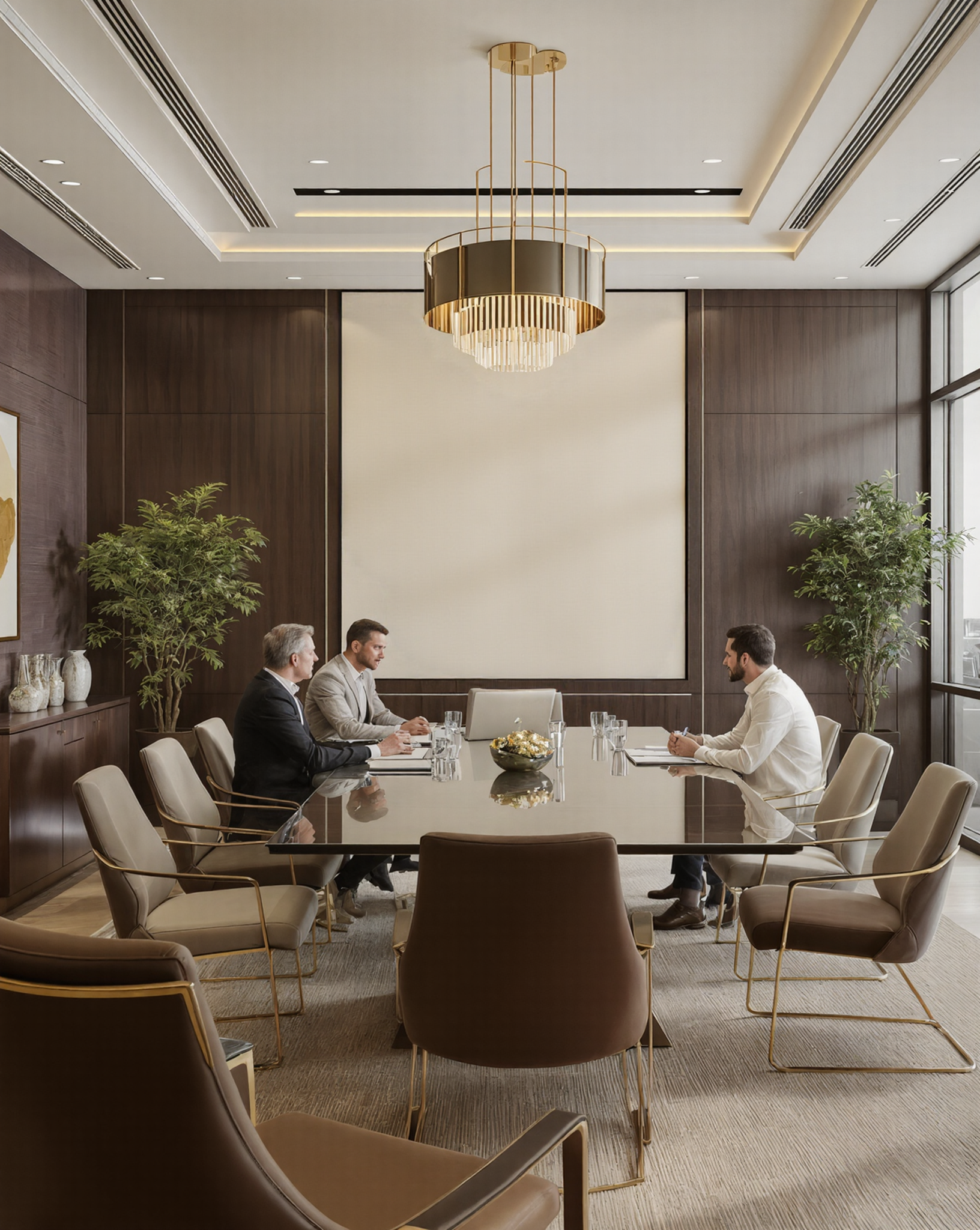 Three men in business attire seated at a large conference table in a modern meeting room.