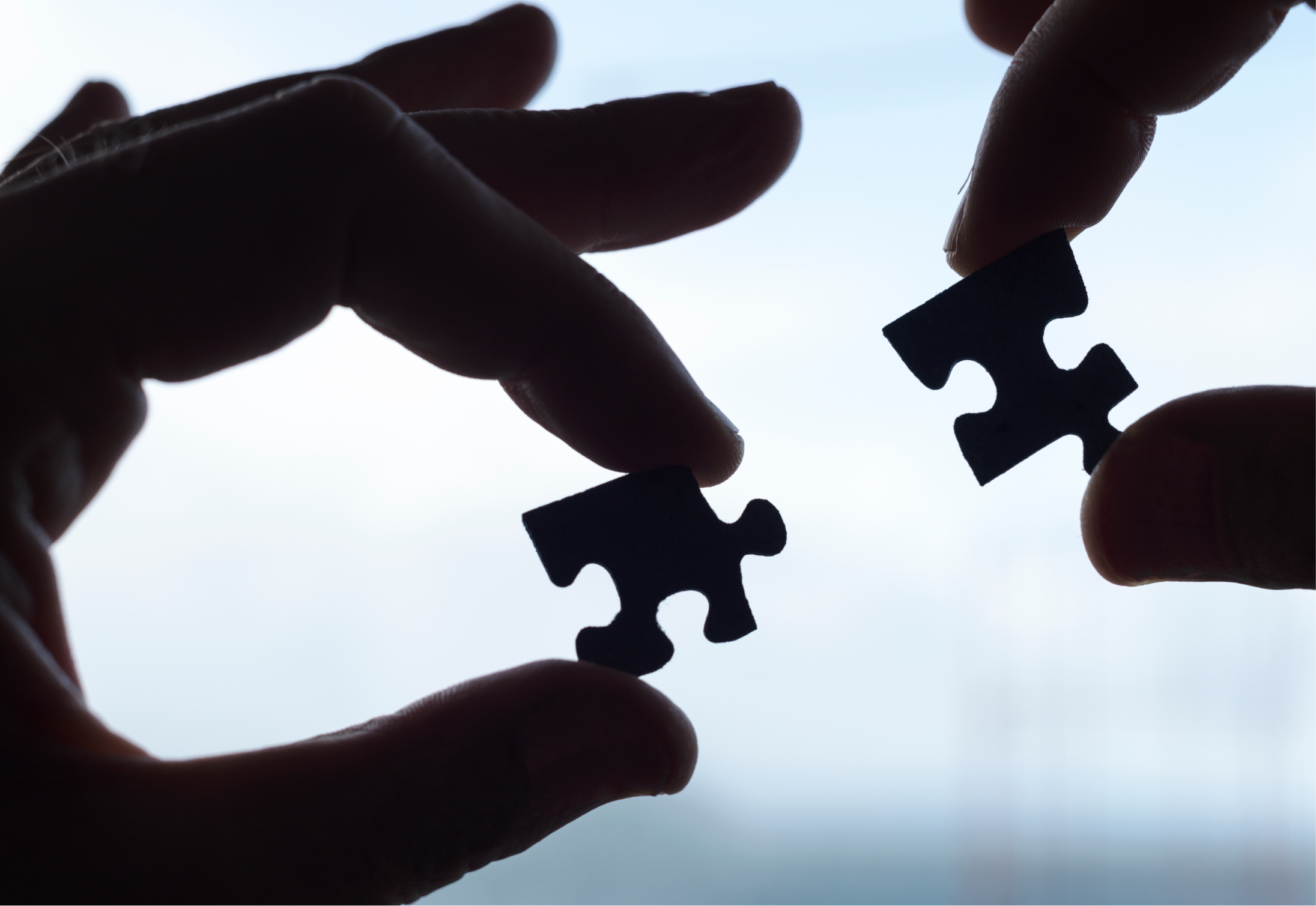 Two hands holding black puzzle pieces against a blurred background.