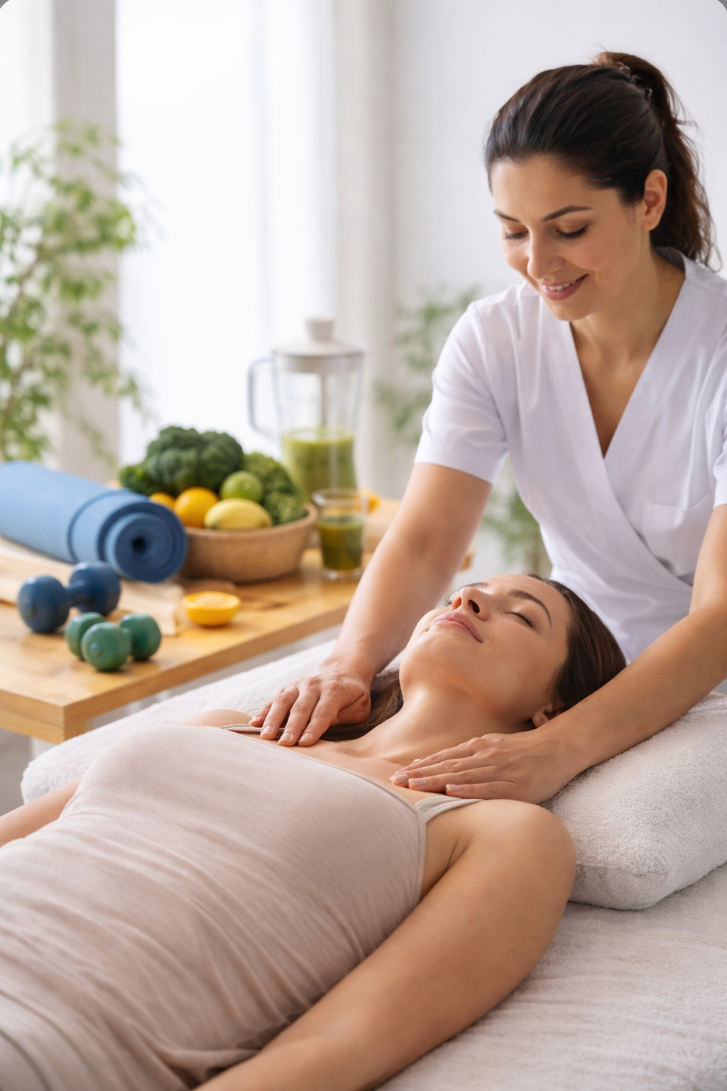 Woman receiving a shoulder massage from a therapist in a wellness setting with fruits, vegetables, dumbbells, and a yoga mat in the background.