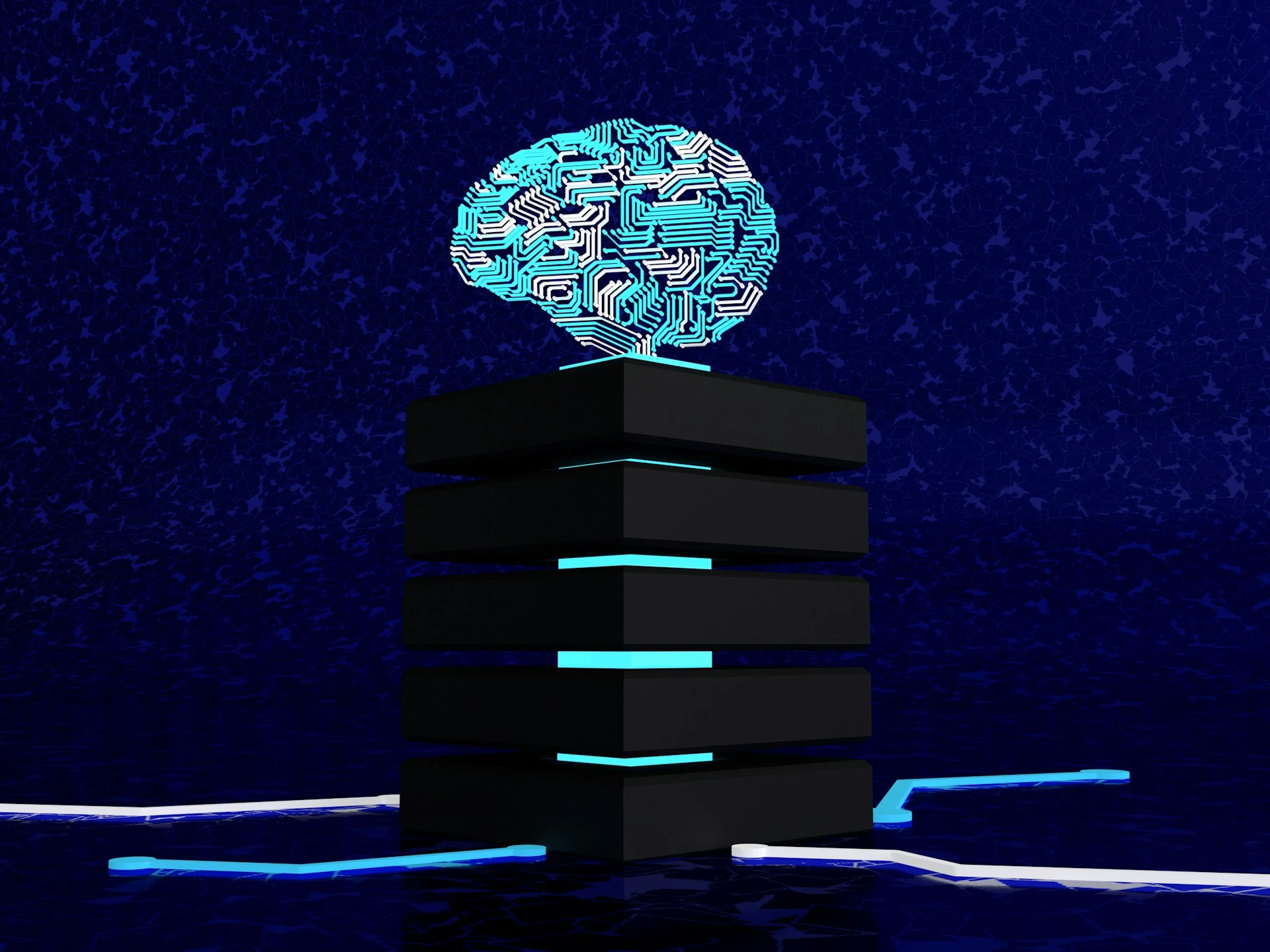 Glowing circuit brain over stacky black blocks