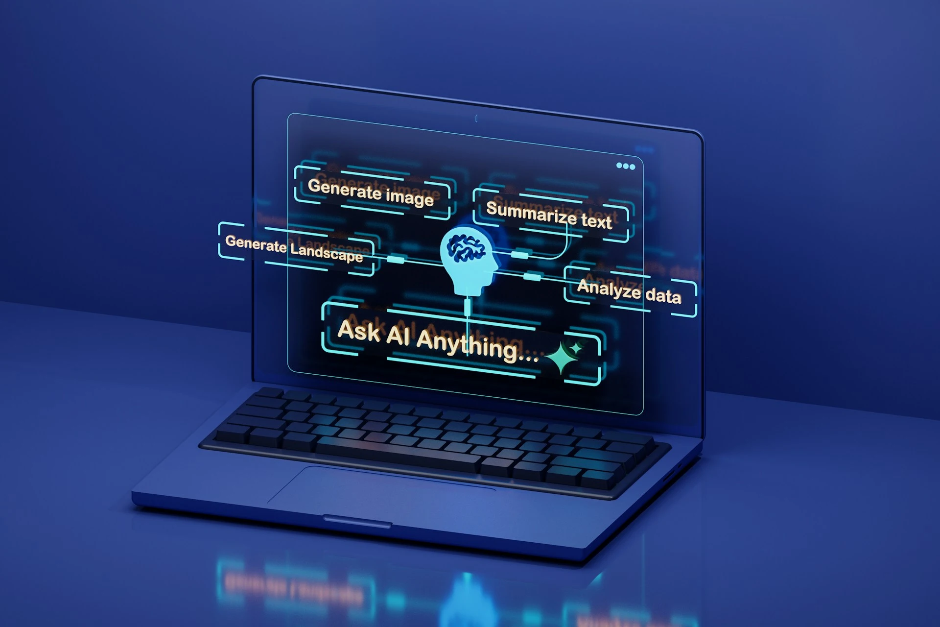 Laptop mit KI-Interface für Bildgenerierung, Textanalyse und Datenverarbeitung