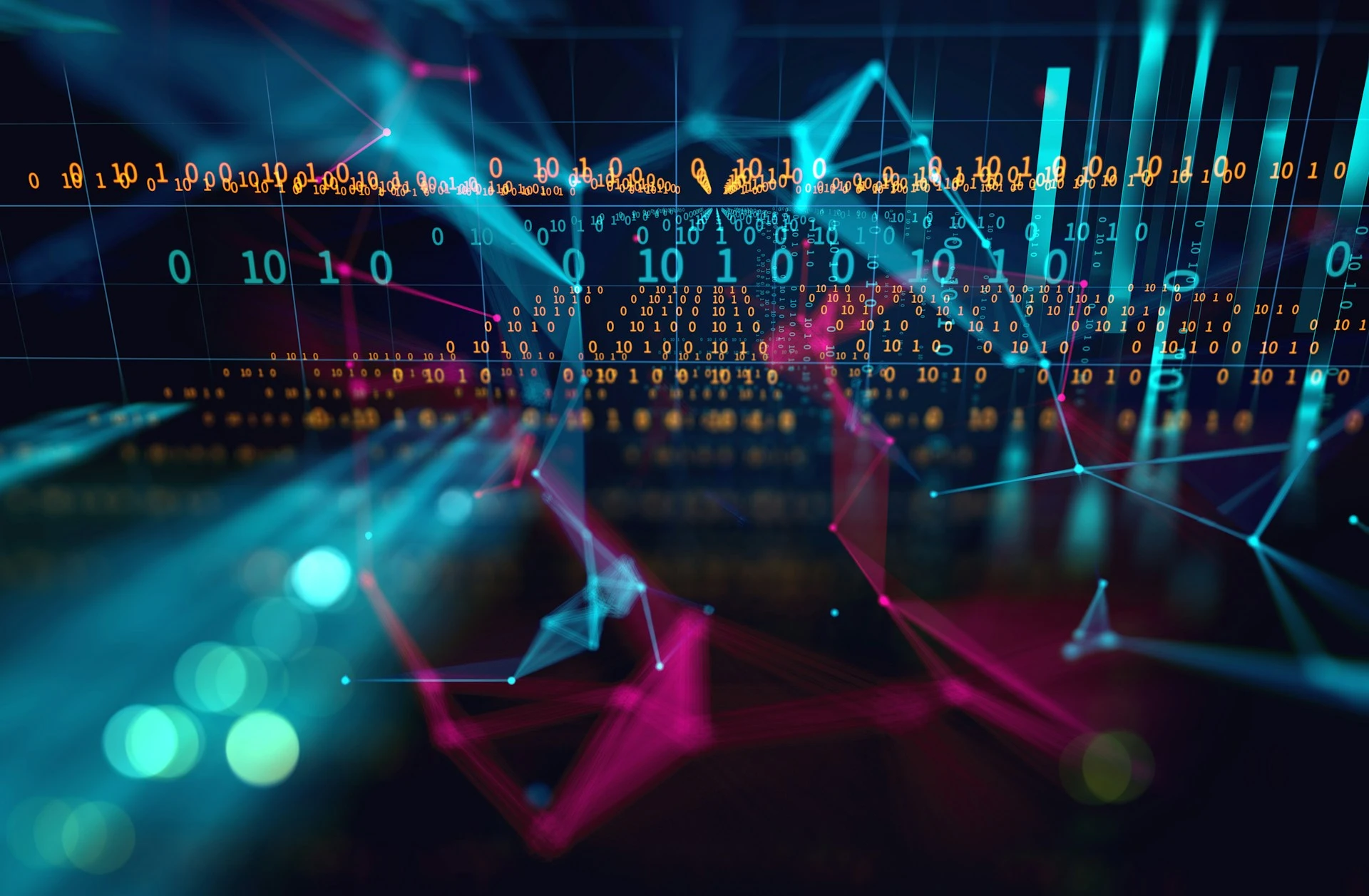Eine abstrakte digitale Visualisierung von Datenströmen mit leuchtend blauen und pinken Liniennetzwerken sowie schwebenden Binärcodes (Nullen und Einsen) vor dunklem Hintergrund