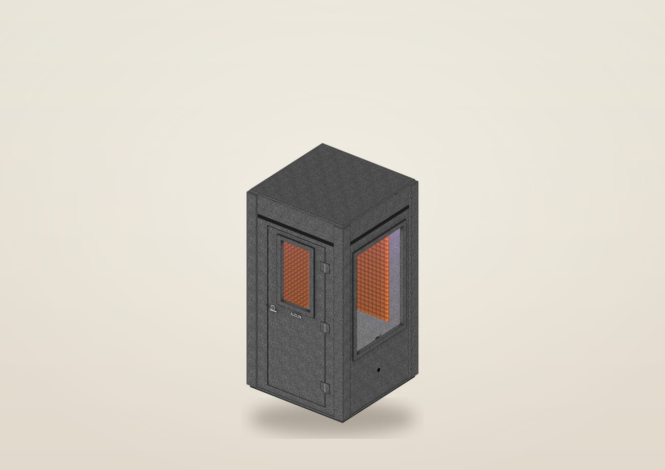 WhisperRoom MDL 4848 S, a 4 by 4 foot modular isolation booth, shown bare and then with a window, studio light, orange foam and a height extension added in the Booth Builder