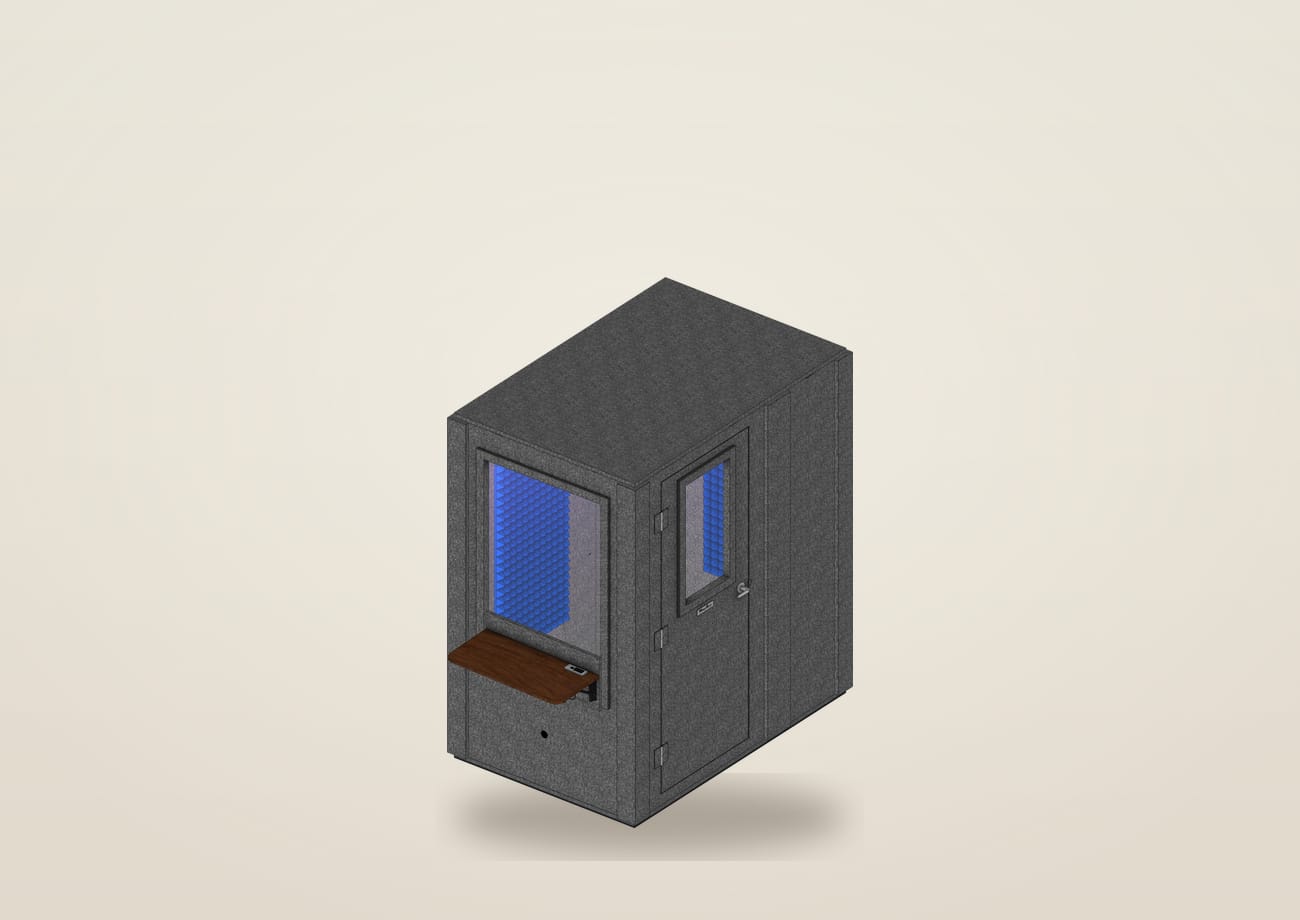 WhisperRoom MDL 4872 S, 4 by 6 feet, built up with a window, an outside desk under it, blue foam and studio light
