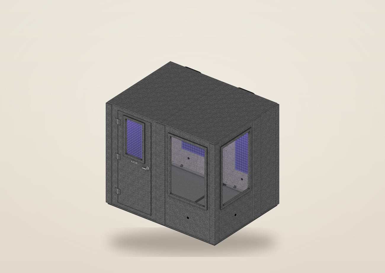 WhisperRoom MDL 7296 S, 6 by 8 feet, built up with two windows, a fan silencer, purple foam and studio light