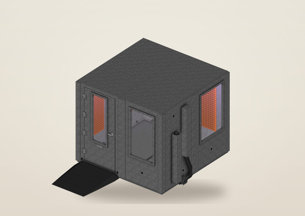 WhisperRoom MDL 9696 S, 8 by 8 feet, built up with a wide-access door and ramp, two windows, studio light and orange foam