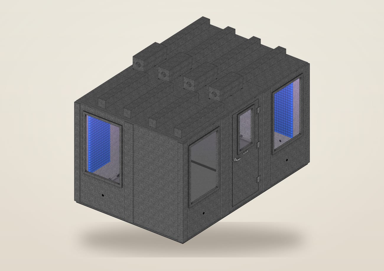 WhisperRoom MDL 96144 S, 8 by 12 feet, built up with three windows, a roof-mount vent, blue foam and studio light