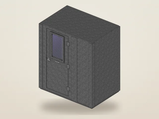 Booth Builder angled view of the WhisperRoom Work From Home Booth package, MDL 4872 S, with its desk and studio light inside, as it opens for editing