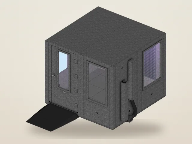Booth Builder angled view of the WhisperRoom Makerspace Booth package, MDL 9696 S, with its wide door, access ramp and wall windows, as it opens for editing