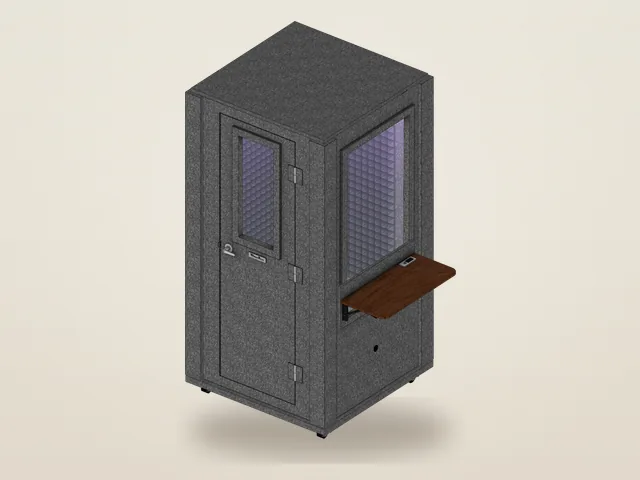 Booth Builder angled view of the WhisperRoom Office Booth package, MDL 4242 S, with its wall window, studio light, a desk below the window and a caster plate, as it opens for editing