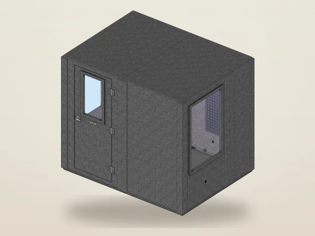 Booth Builder angled view of the WhisperRoom Meeting Booth package, MDL 7296 S, with a wall window beside the door, as it opens for editing