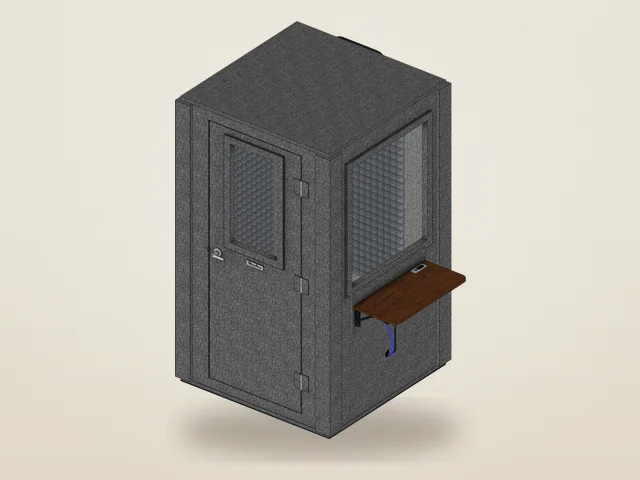 Booth Builder angled view of the Audiology Compact package, MDL 4848 S, with a window in the door, a wall window on the side and a fold-down desk outside below it