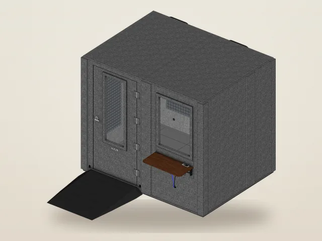 Booth Builder angled view of the Audiology Premium package, MDL 7296 S, with a wide door and a wall window side by side, a ramp, and a fold-down desk outside the window