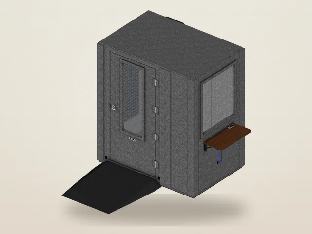 Booth Builder angled view of the Audiology Basic Plus package, MDL 4872 S, with a wide door, a ramp at the door, and a wall window with a fold-down desk outside