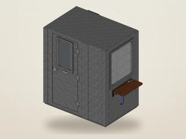 Booth Builder angled view of the Audiology Basic package, MDL 4872 S, with a window in the door, a wall window on the side and a fold-down desk outside below it