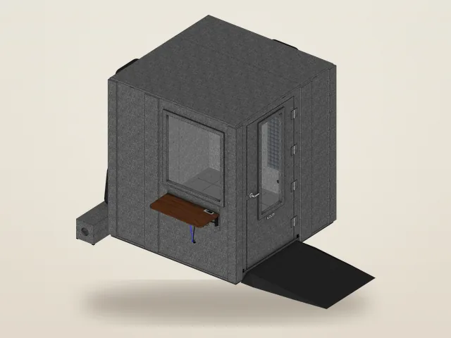 Booth Builder angled view of the Audiology Deluxe package, MDL 7272 S, with a wide door and ramp, and a wall window with a fold-down desk outside