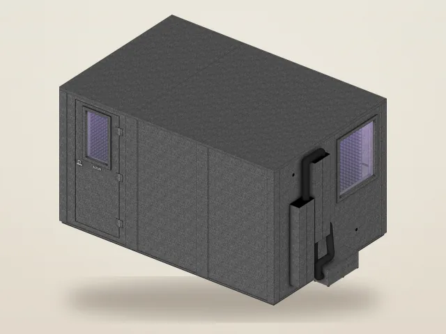 Booth Builder angled view of the WhisperRoom Drum Studio package, MDL 96144 E, a large double-wall music studio booth with a door window, a wall window and ventilation silencers, as it opens for editing