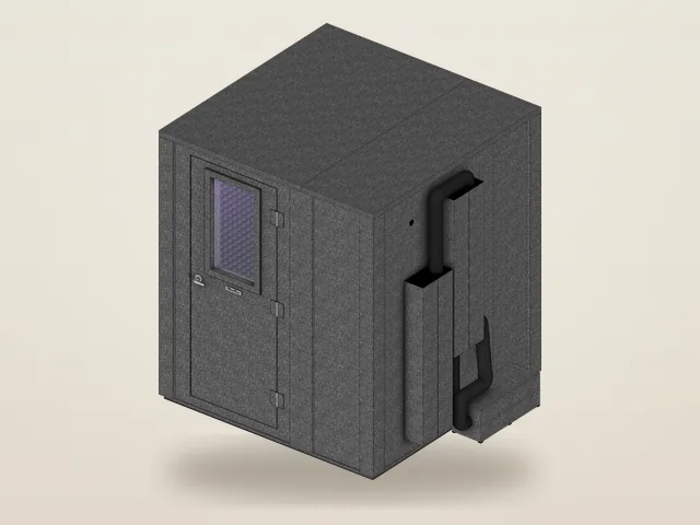 Booth Builder angled view of the WhisperRoom Creator Deluxe package, MDL 7272 E, a double-wall booth with a door window and ventilation silencers on its side wall, as it opens for editing