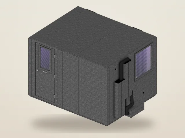 Booth Builder angled view of the WhisperRoom Recording Studio package, MDL 96120 S, a single-wall recording room with a door window, a wall window and ventilation silencers, as it opens for editing