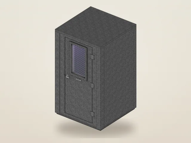 Booth Builder angled view of the WhisperRoom Voice Over Deluxe package, MDL 4848 E, a compact double-wall vocal booth with a door window, as it opens for editing