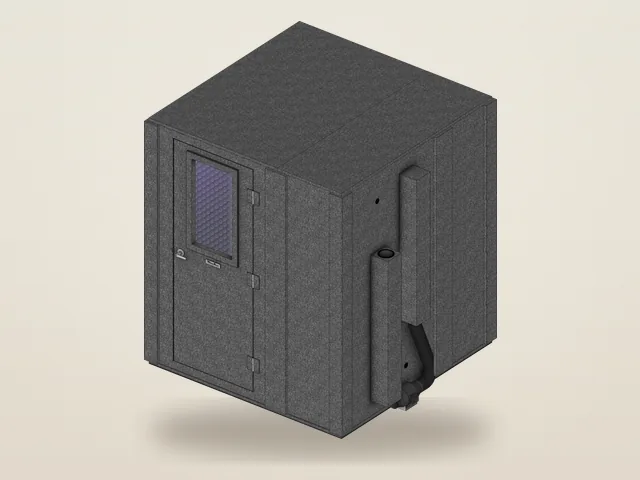 Booth Builder angled view of the WhisperRoom Practice Basic package, MDL 7272 S, a single-wall music practice booth with a door window and a ventilation unit on its side wall